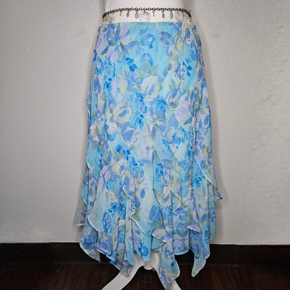 Blue Floral Chiffon Ruffle Handkerchief Hem Midi Skirt